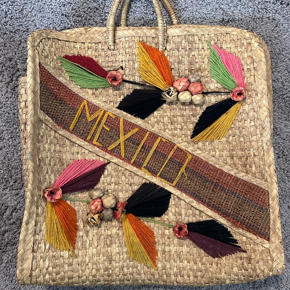 Vintage Handcrafted “Mexico” Straw Beach Bag Tote with Colorful Embroidery